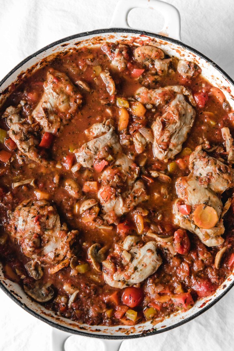 Chicken cacciatore with chicken thighs, vegetables and polenta ...